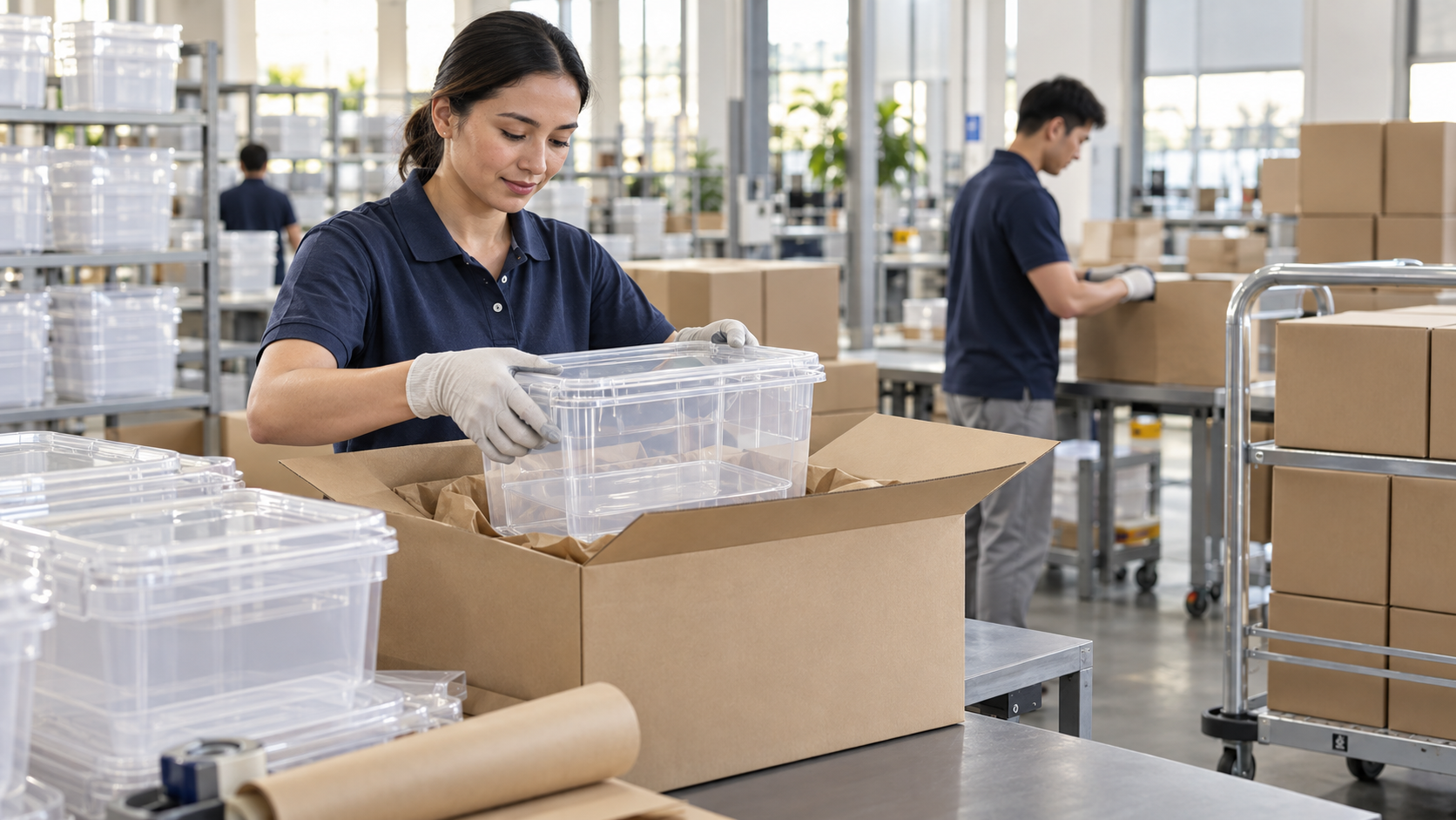 Illustrative careful packaging of plastic storage products